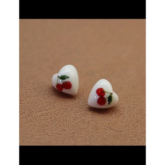 Cute Cherry Heart-Shaped Stud Earrings, Cherry Floral Design, Fruit Earrings - Picture 2 of 5